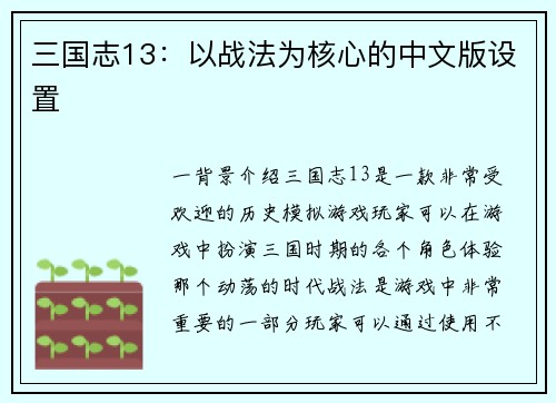 三国志13：以战法为核心的中文版设置